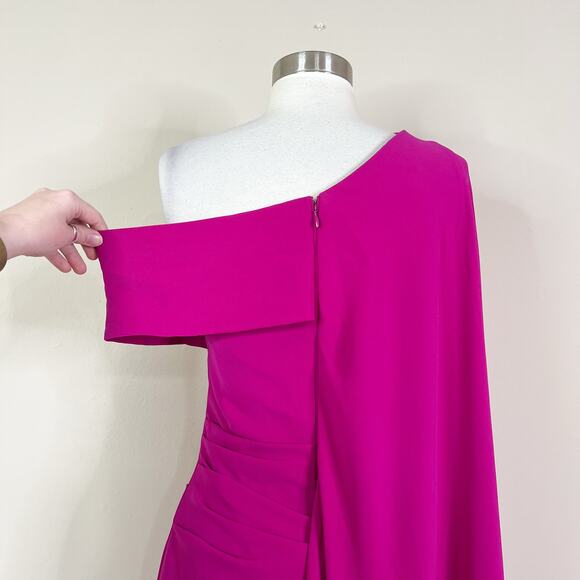 Talbot Runhof | Magenta Pink Cape One Shoulder Long Formal Designer Gown Dress 6 - Picture 7 of 11